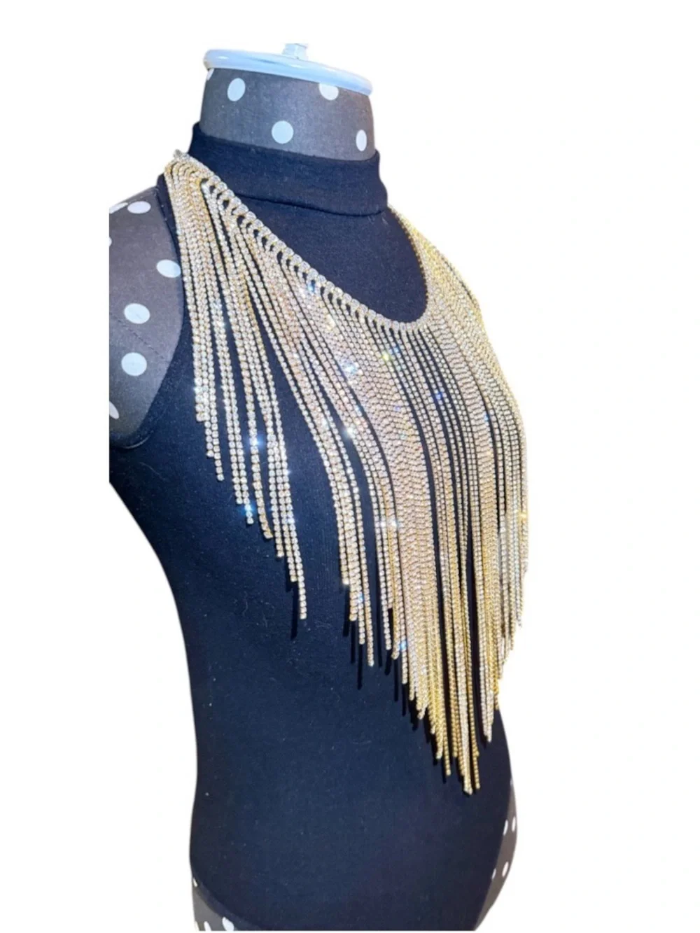 Modern Gold Tone Rhinestone Fringe Statement Necklace